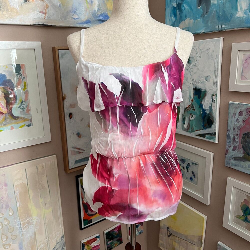 Y2K Fairy IZ Byer White Pink Floral Chiffon Tank Top Ruffle Cami XS Made in USA